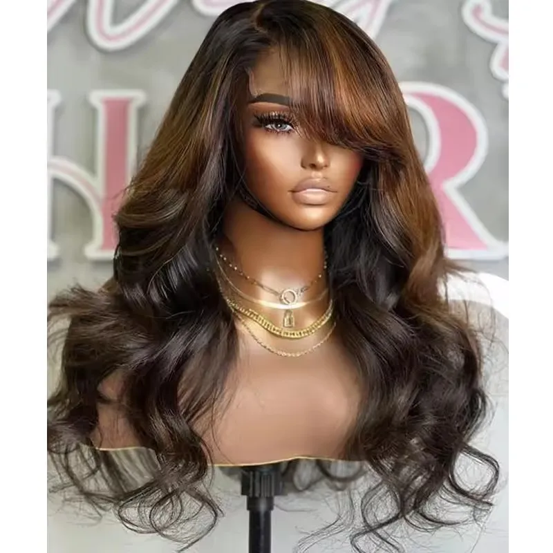 Schokoladenbraune 13x6 HD Lace Frontal Echthaarperücke mit Pony und Fransen, Body Wave Lace Front Perücke, Günstige Perücken mit Pony – Detail 1