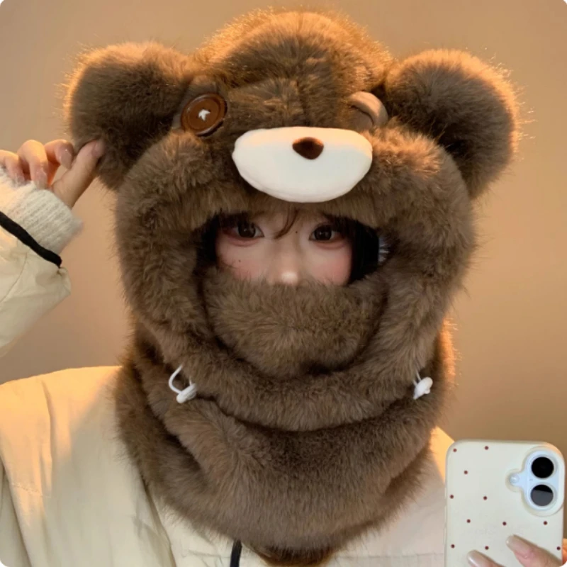 New Cute Imitation Mink Bear Ear Balaclava Cap Winter Outdoor Scarf Neck Guard Integrated Warm Cycling Lei Feng Hat for Women