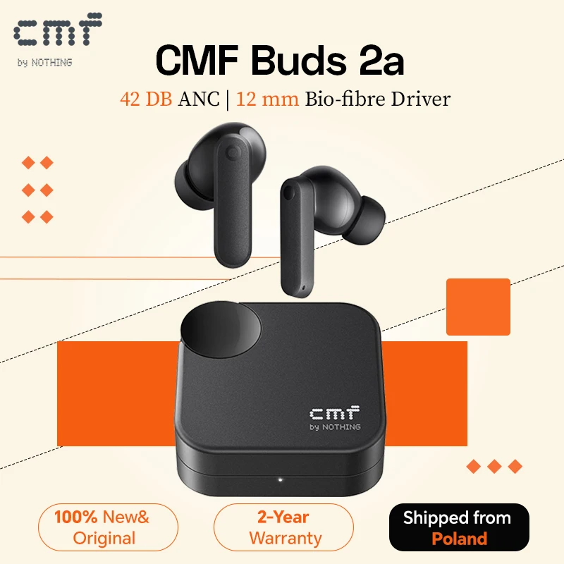 Auricolari wireless CMF Buds 2a con cancellazione attiva del rumore, tecnologia ANC ibrida, cuffie Bluetooth, driver dinamico da 12,4 mm per bassi potenti, 4 microfoni per chiamate nitide.