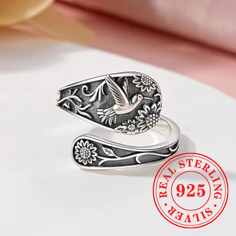 Huitan Vintage 925 Sterling Silver Opening Ring Exquisite Flower Bird Pattern Finger Accessory Female Fancy Anniversary Jewelry