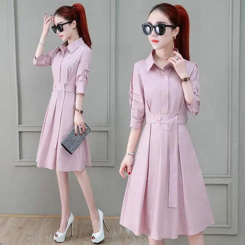 Ladies Dress 2022 Spring Summer New Women Grid Dresses Long Sleeve Shirt-neck Vestidos Lady A-line Shirt Dress Belt Pink Blue