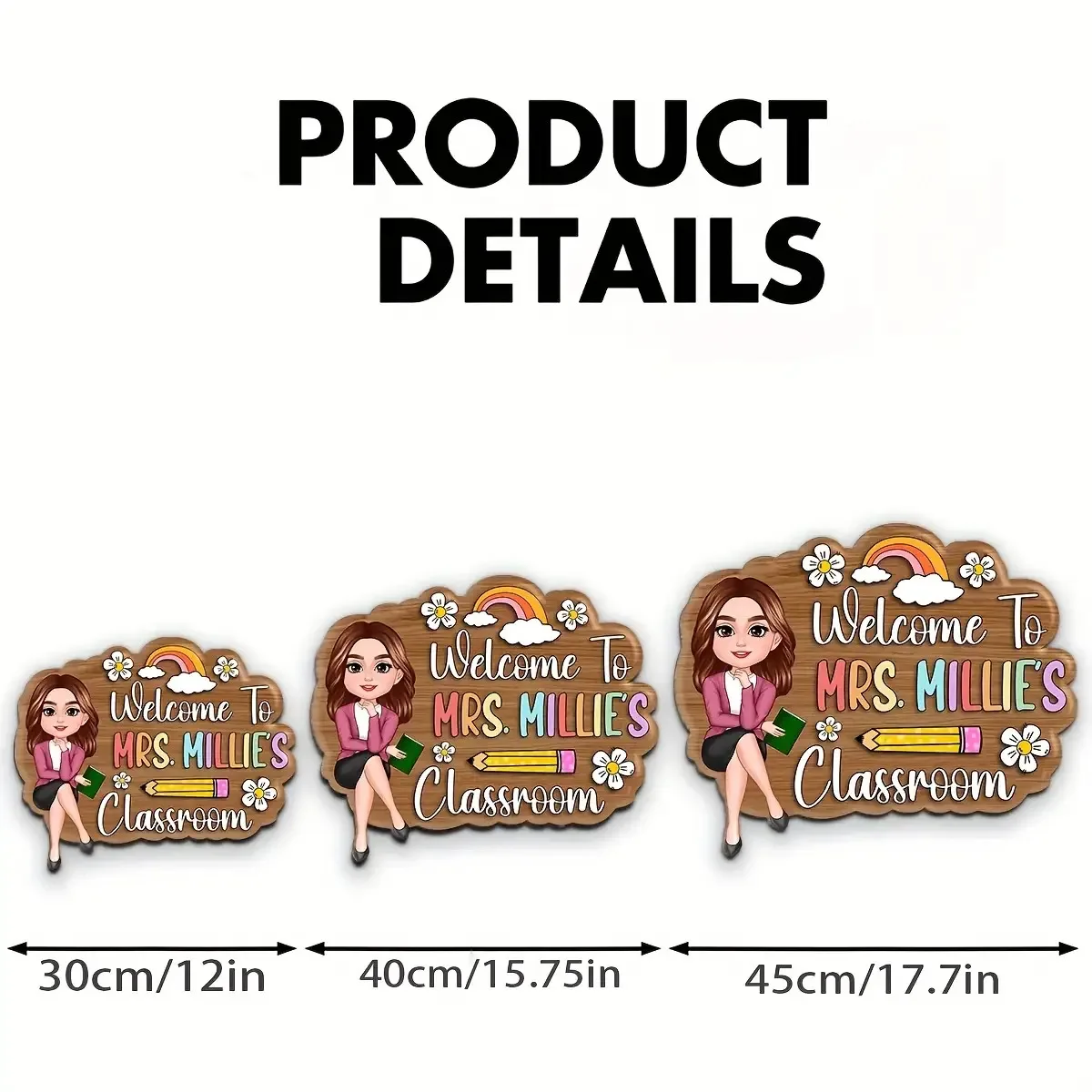 Custom Teacher Classroom Door Sign, Personalized Cartoon Teacher Wooden Plaque, Rainbow & Flower Decor for Classroom image 3