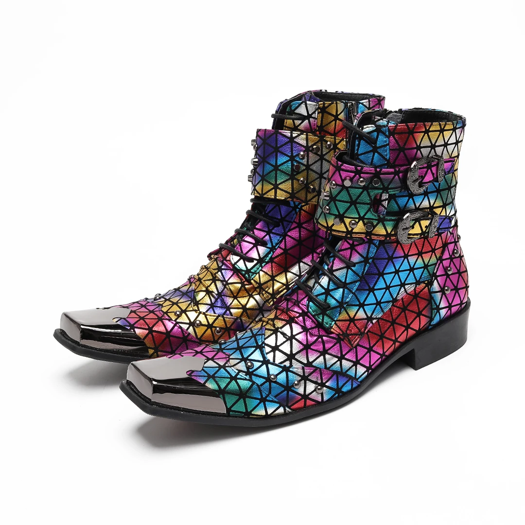 

Fashionable square metal iron toe boots with checkered colorful men's knight boots