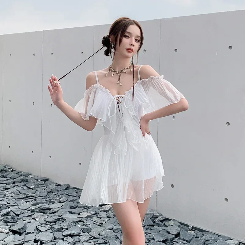 

2024 One-Piece Swimdress Korean Women's Lace Up Spliced Bikinis Slim Set Summer Sling Fashion Print Swimwears for Female