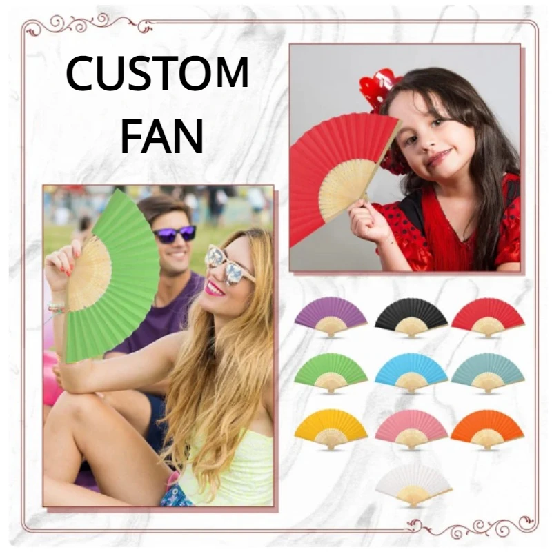 

21CM Custom Logo Multicolor Bamboo Paper Folded Fan for Wedding Party wood Laser Engrave Personalized Name Date DIY Gifts