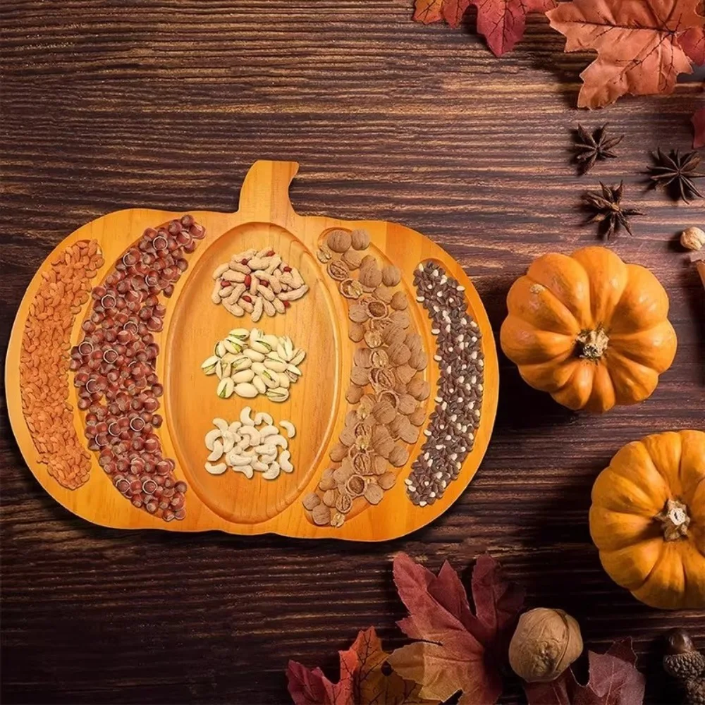 Wooden Halloween Pumpkin Snack Tray 5 Grid with Compartment Snack Serving Plate Sturdy Drop-resistant Charcuterie Board