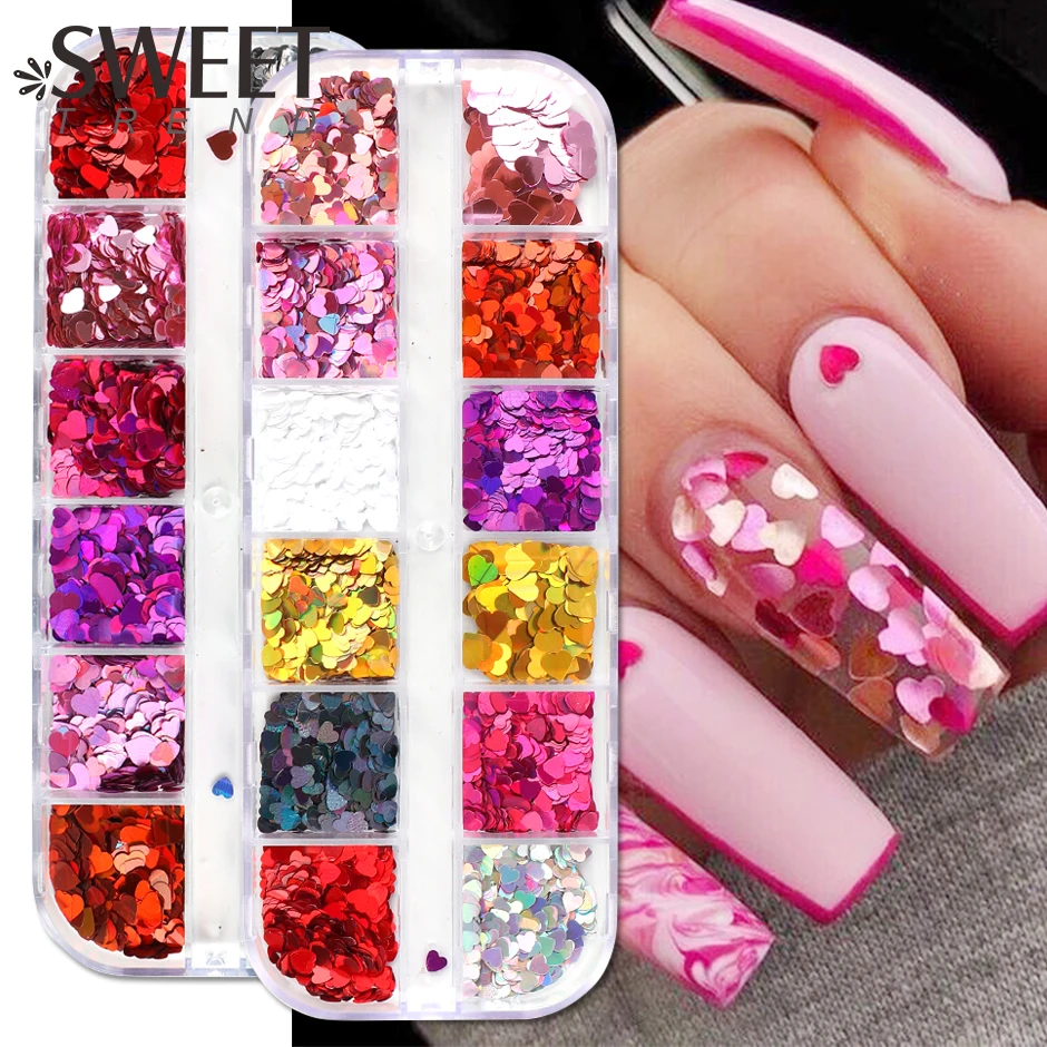 12 griglie olografiche Sweet Love Heart Nail Flakes irrigazione Laser Mix Glitter paillettes Nail Art Paillette Valentine Decor Tips