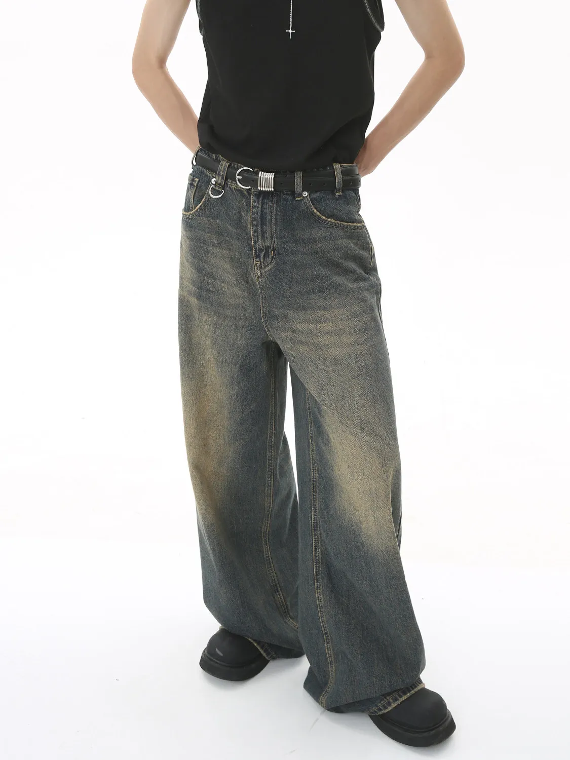 OUSSYU Brand Vintage Baggy Men's Jeans Wide Leg Old Blue Washed Denim Pants Loose Casual Trousers Men Streetwear Y2k Extra Long