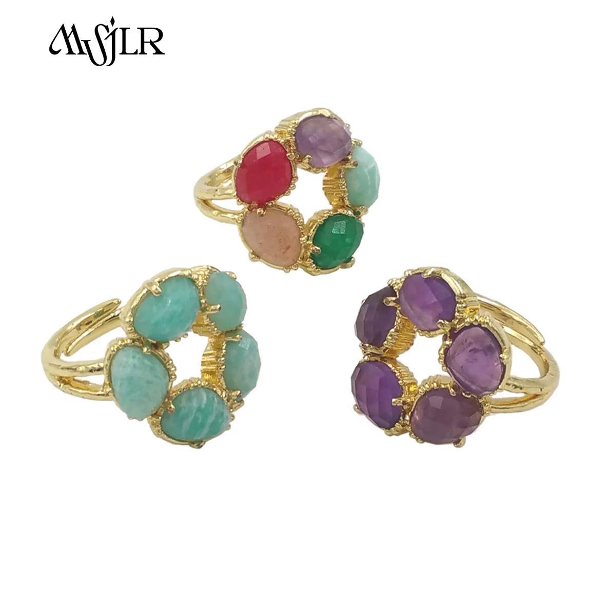 

MVR076 2024 New Design Natrual Colorful Flower Shaped Gemstone Gold Plated Ring Sweet Romantic Style For Women Date Jewelry