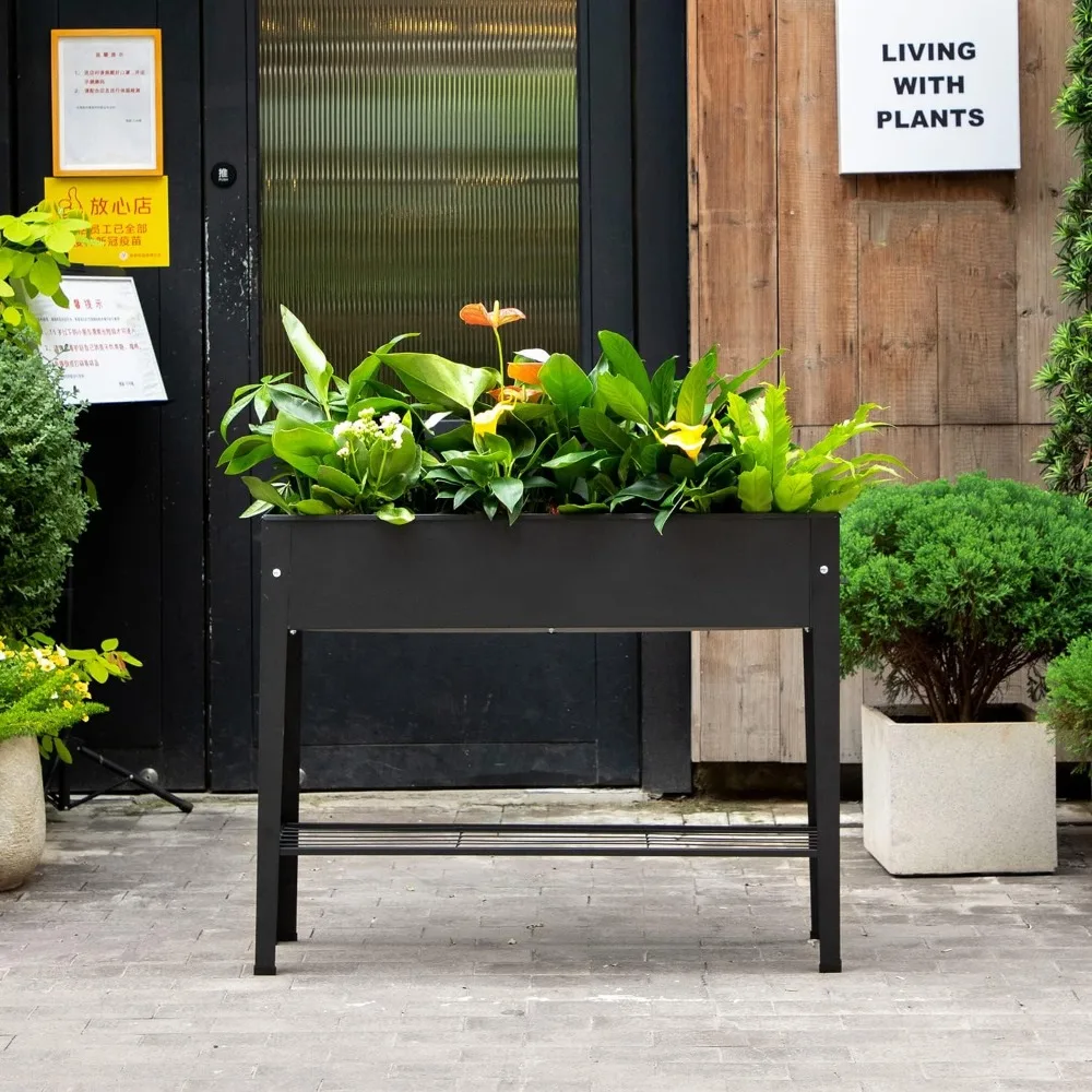 Elevated Metal Planter Box with Legs, Drainage Holes for Indoor Outdoor Gardening in Frosted Black