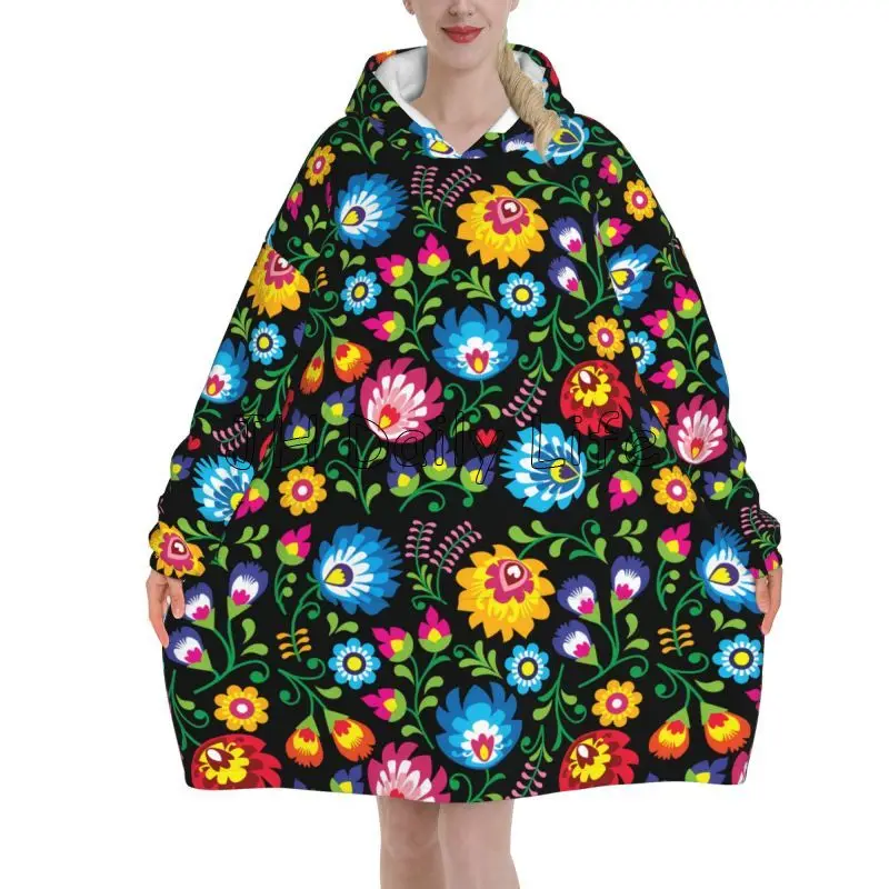 Poland Polish Floral Folk Art Print Blanket Hoodie Women Wearable Oversized Pullover Warm Fleece Sherpa Blankets with Pockets