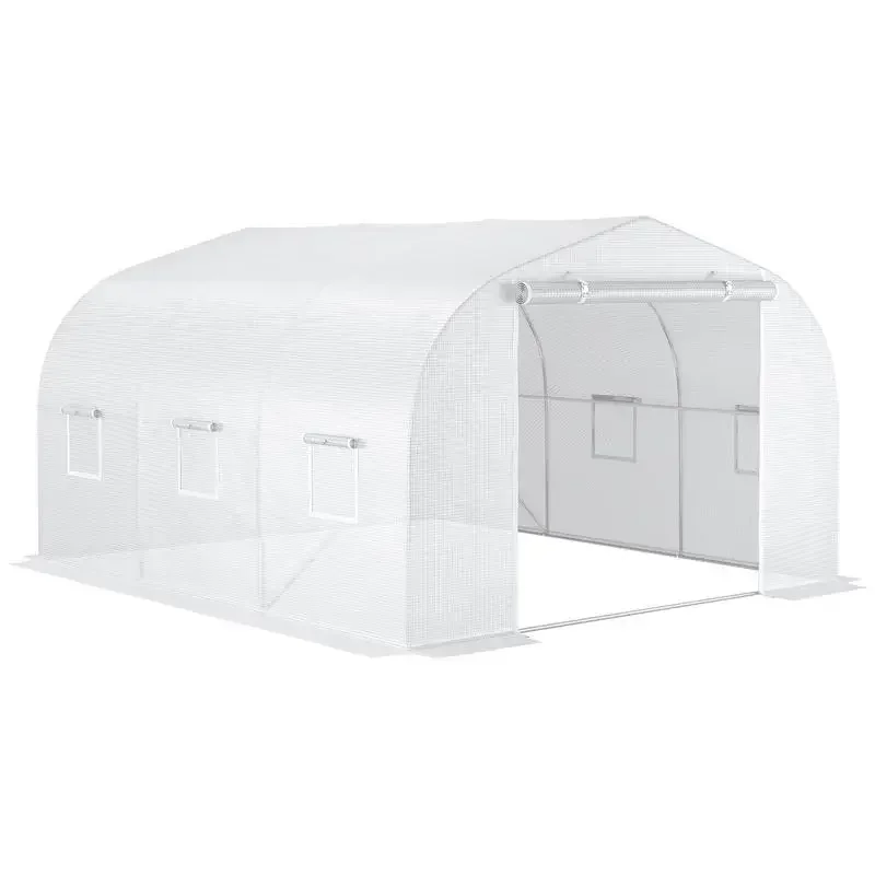 Serre tunnel de jardin, dimensions 3,5L x 3W x 2H, avec porte et 6 fenêtres à enroulement. Acier galvanisé, bâche en PE haute densité, blanc.