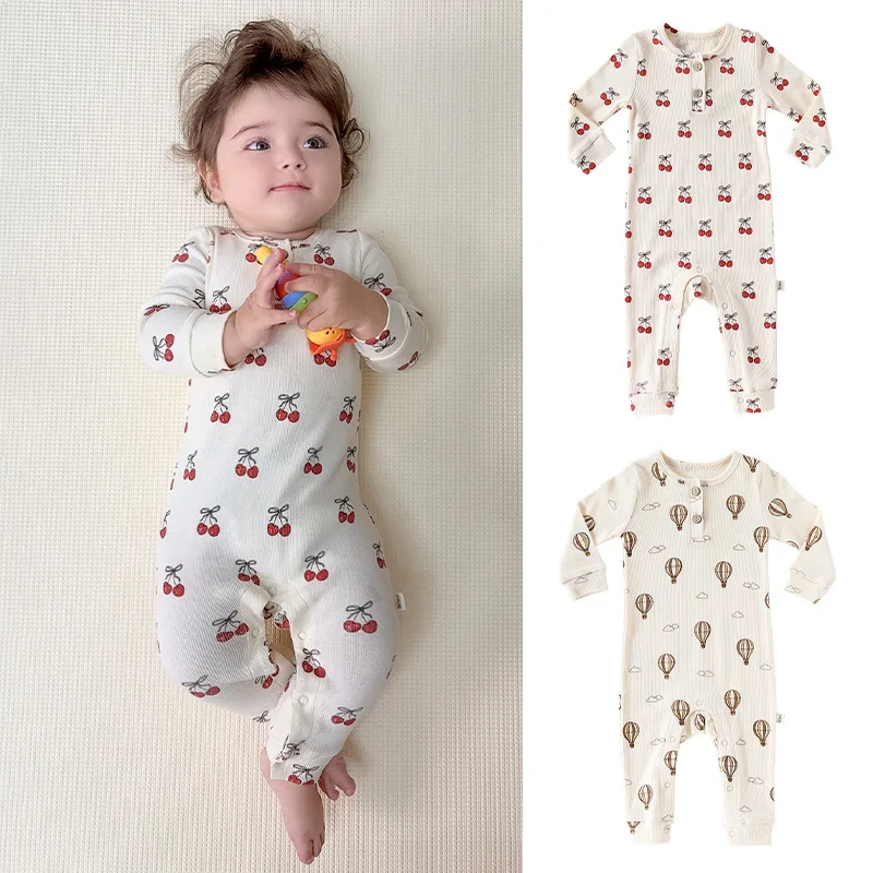 

Baby Rompers 2025 New Autumn Boys Girls Cute Cherry Print Long Sleeve Jumpsuits Infant Newborn Cotton Homewear Clothing
