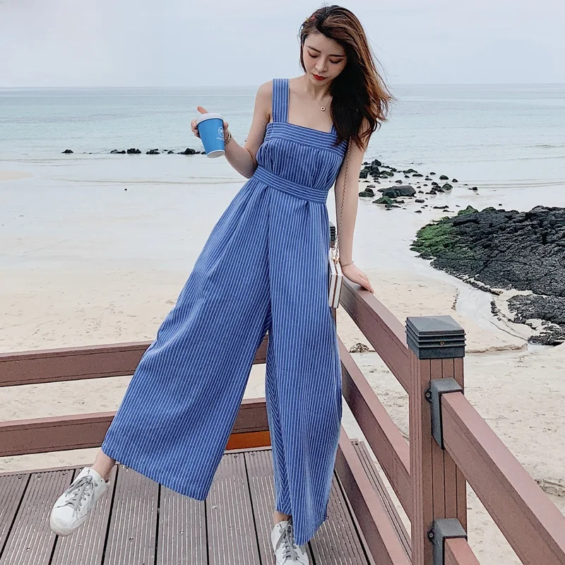 

Summer Loose Casual Striped Women's Overalls Korean Sle Wide Leg Pants High Waist Polyester Fiber Micro Stretch