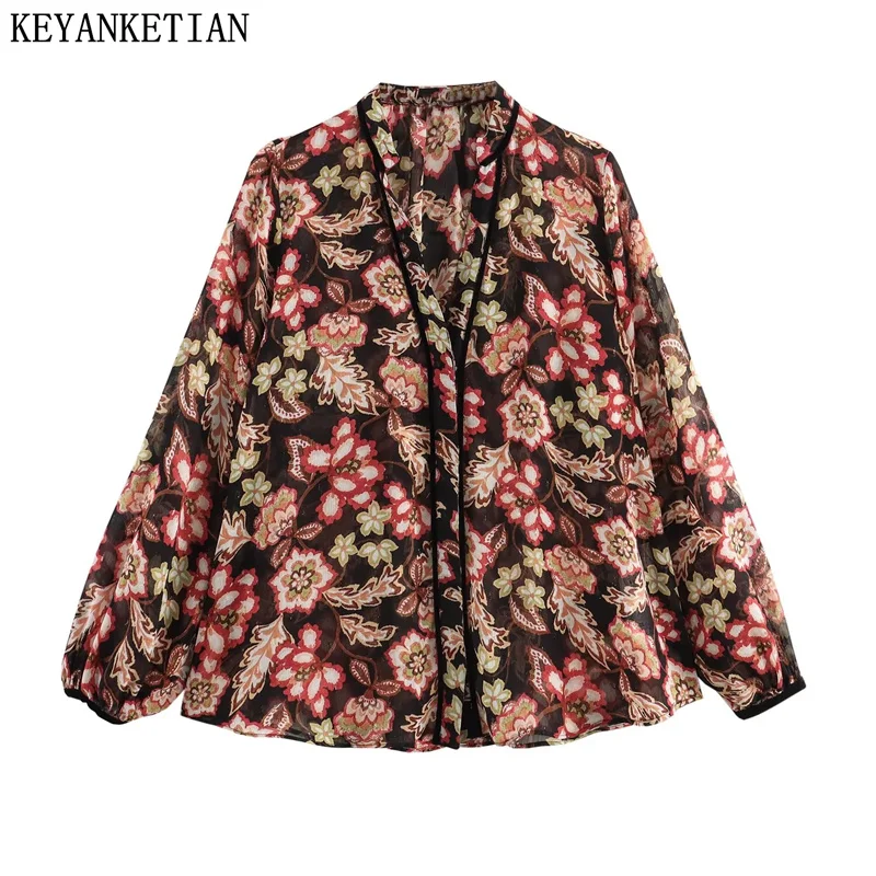 

KEYANKETIAN 2024 New Launch Rustic Vintage Floral Print Velvet Shirt V-Neck Long Sleeve Seam Detail Women's Blouses Loose Top