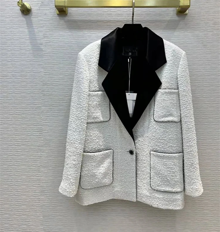 European and American women's wear spring 2024 new Long sleeve suit collar single breasted multi pocket fashion White tweed coat