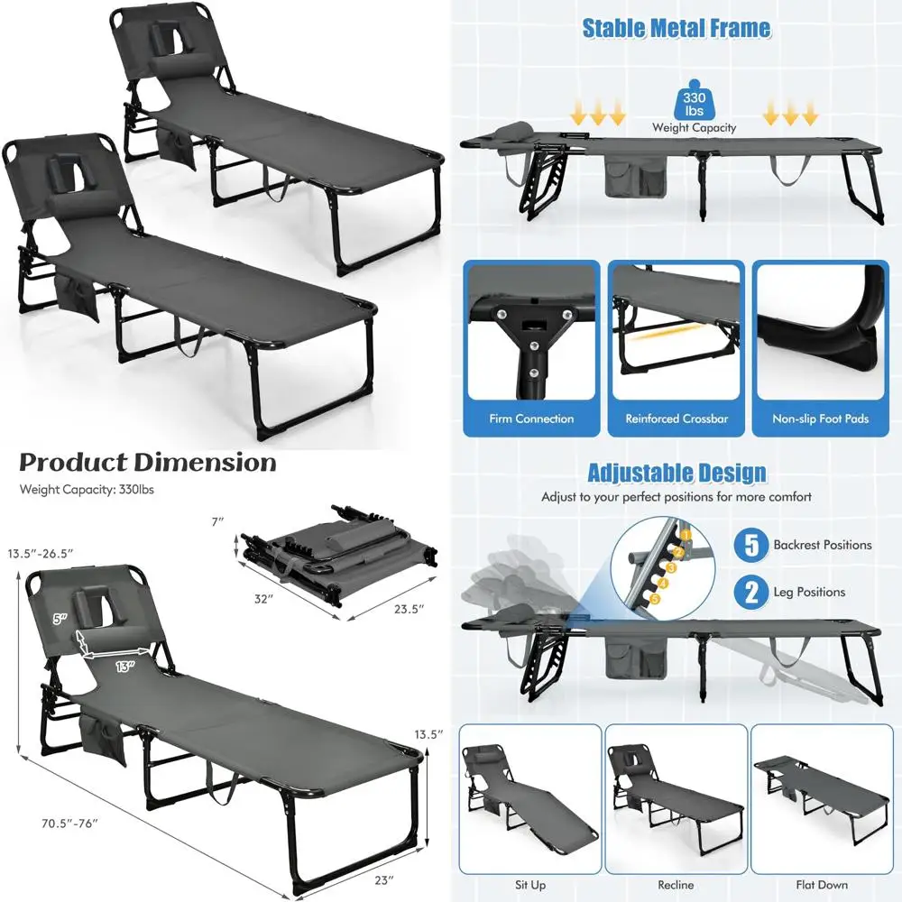 Adjustable 5-Position Folding Tanning Lounge Chair with Face Hole, Pillow, Side Pocket for Beach Use