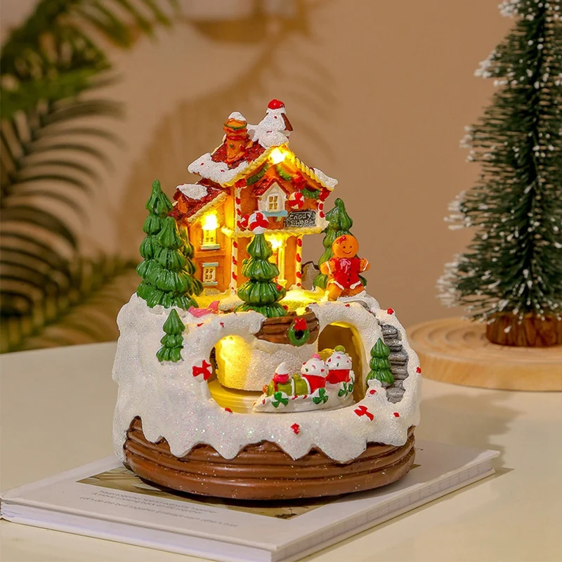 Christmas Music Box Christmas Figurine Rotating Winter Snow Scene Ornament Gift Kids Bookshelf Restaurant-A57M