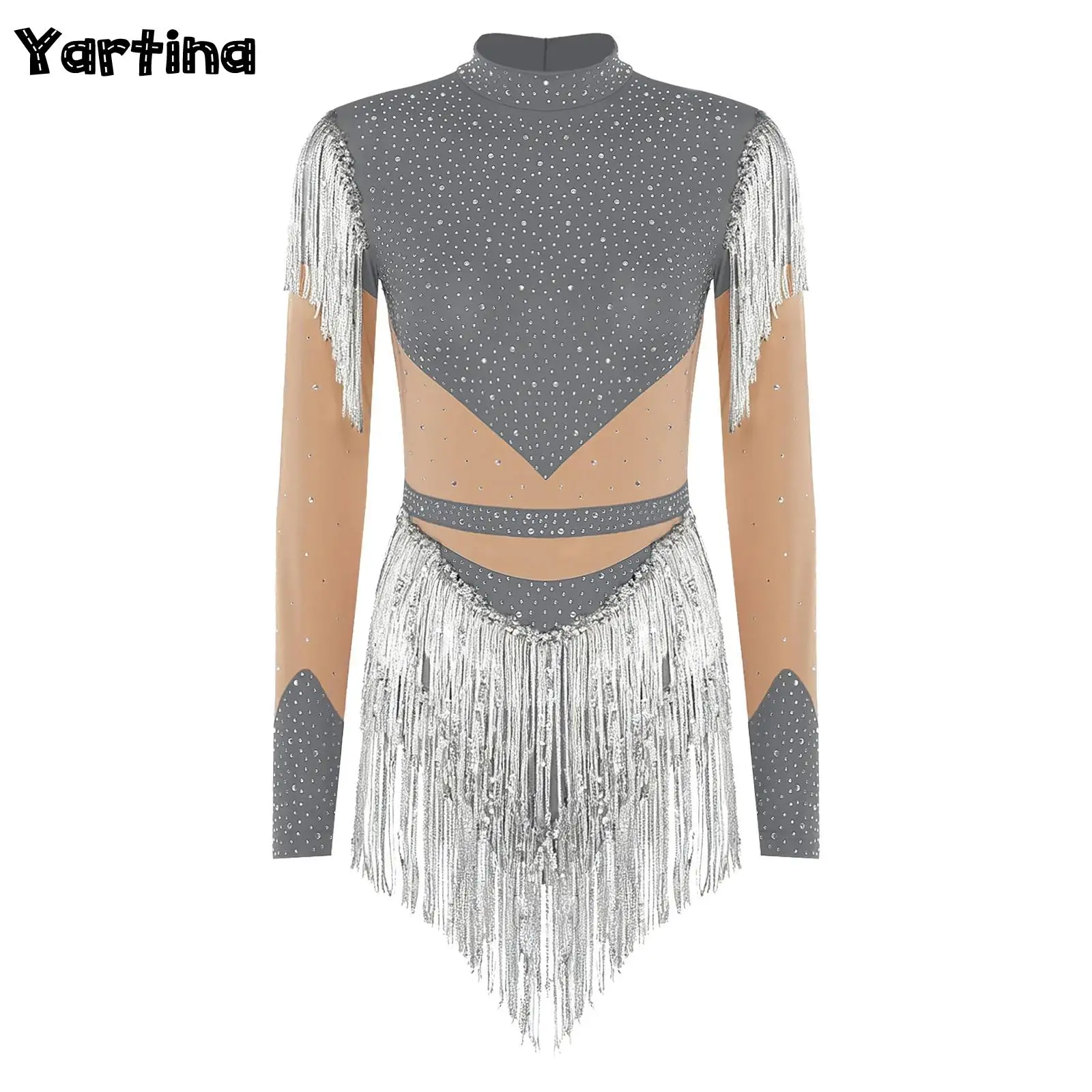 

Womens Rhinestone Gymnastics Figure Skating Latin Chacha Dance Costume Sequin Tassel Openable Crotch Back Zip Leotard Jumpsuit