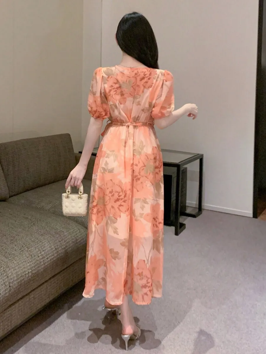 

Orange Floral Print V-Neck Short Sleeve Cinched Waist Elegant Maxi Dress For Summer Party