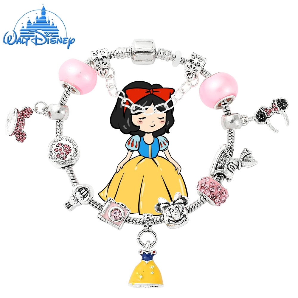 Disney Enamel Princess Dress Pendant Bracelet Pink Crystal Minnie Mickey Bead Bracelets Fashion DIY Jewelry For Women Xmas Gifts