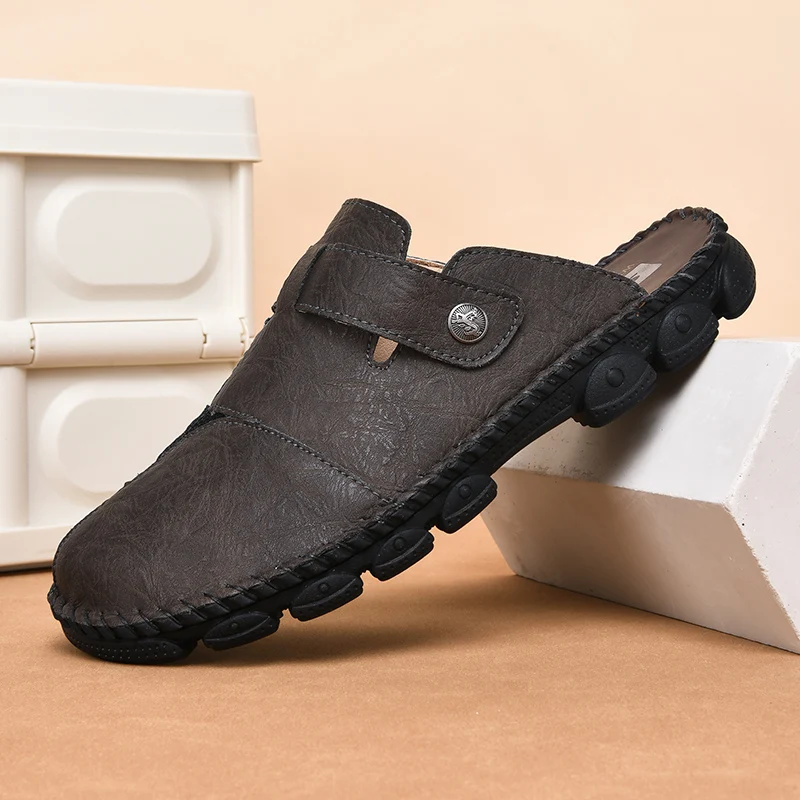 

Spring Summer New Men's Closed Toe Mule Sandals, Breathable Trendy Slip-on Driving Shoes, Lazy Casual Leather Shoes
