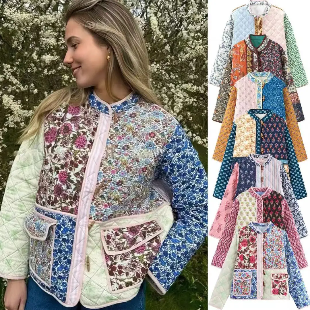 

Зимняя женская парка с цветочным принтом, женское хлопковое пальто с круглым вырезом и карманами, длинными рукавами, стильная верхняя одежда с большими карманами для женщин