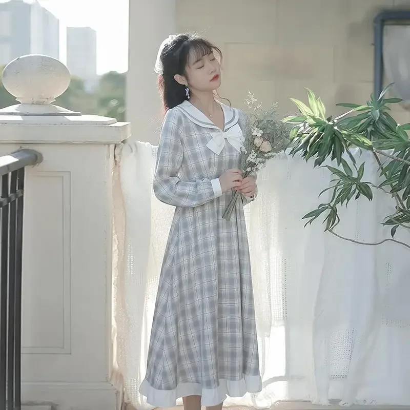 Femme primavera verão moda simplicidade impressão xadrez vestidos casuais roupas femininas moda arco estilo jovem manga longa dres