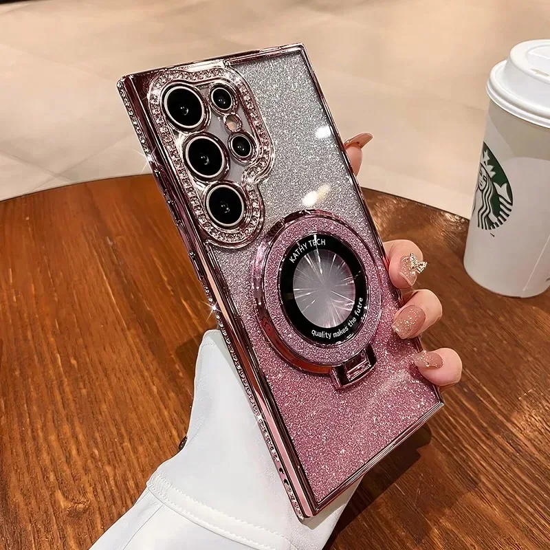 Magnetische Glitzer-Diamant-Gradient-Hülle für Samsung Galaxy S26 S25 S24 S23 Ultra Plus mit MagSafe-Ständer und Bling-Halterung