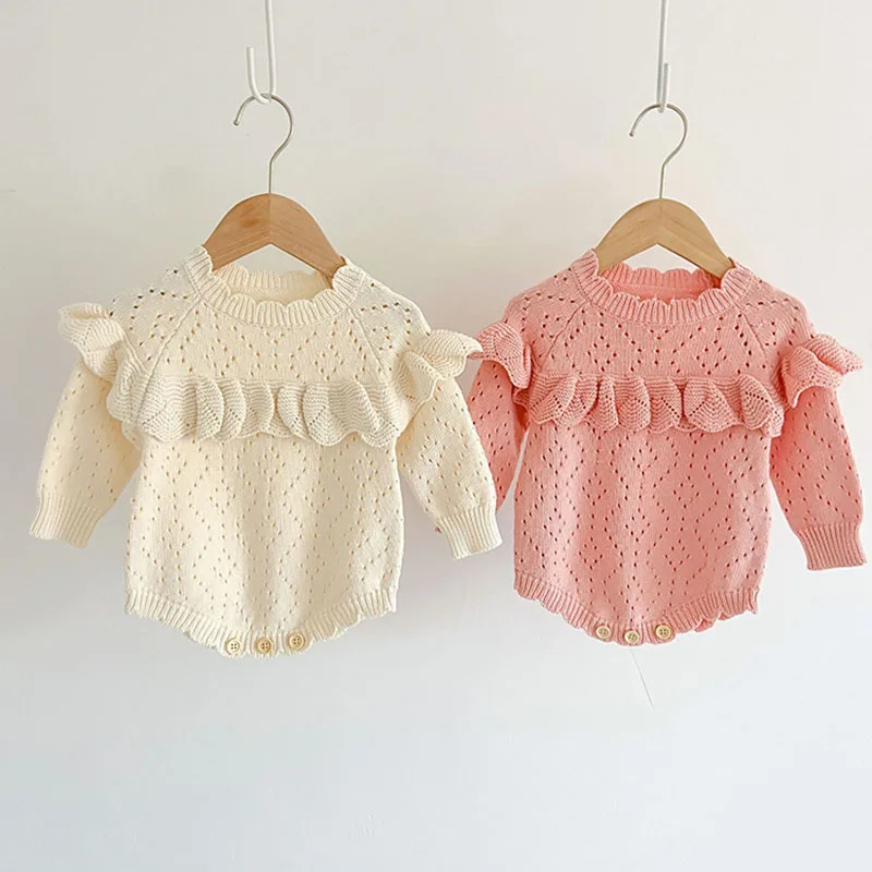 Newborn Baby Girls Knitting Bodysuits Solid Color Hollowed Out Long Sleeve Autumn Spring Infant Baby Girls Knitting Jumpsuit