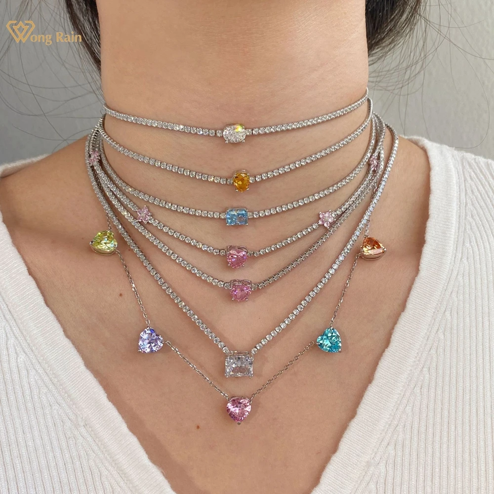 

Wong Rain 100% 925 Sterling Silver Colorful Lab Sapphire Gemstone Women Tennis Chain Necklace Pendant Fine Jewelry Wholesale