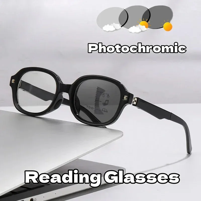 2025 Anti-Blaulicht-tragbare faltbare Presbyopie-Brille, multifokale, lichtempfindliche, farbwechselnde Lesebrille mit ovalem Rahmen