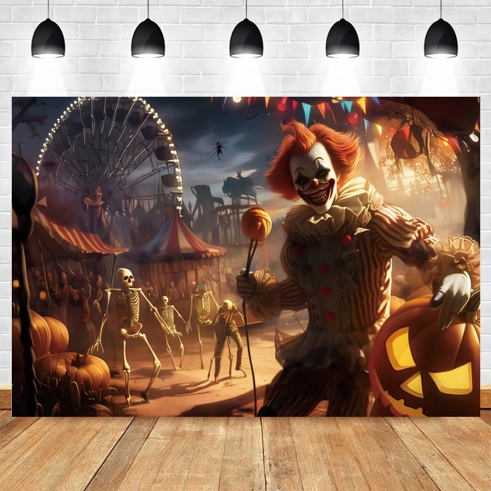 هالوين السيرك الرعب مهرج خلفية الجمجمة دُولابٌ دَوّار في الهواء الطلق ليلة حفلة التصوير خلفية ديكور راية استوديو الصور