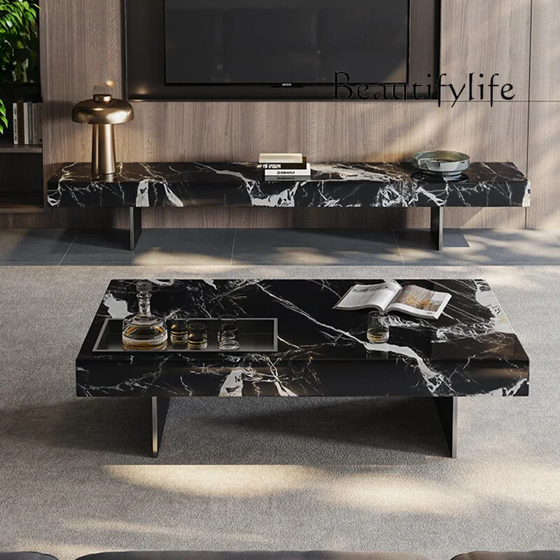 A Black Rose Marble Italian Minimalist Light Living Room Natural Luxury Stone Texture Coffee Table Modern TV Cabinet