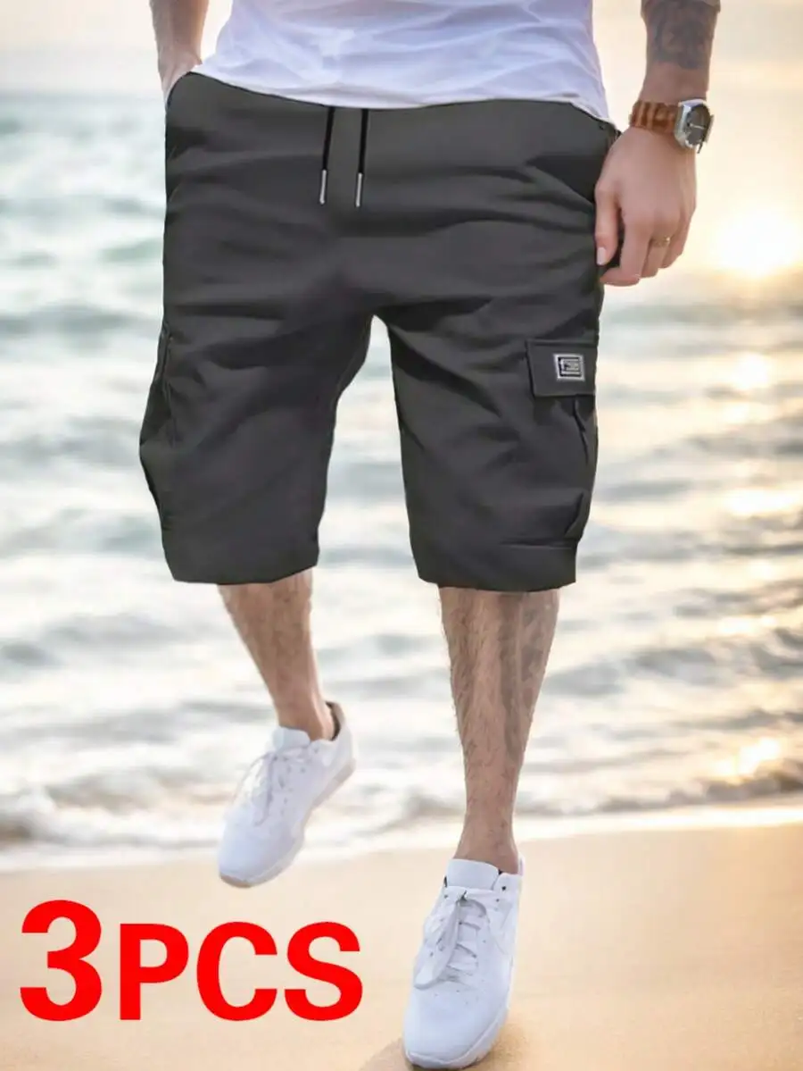 3pcs Men's Multi-Pocket Cargo Shorts - Stylish Outdoor Casual Wear, Polyester Fabric, Drawstring Waist, Perfect For Everyday