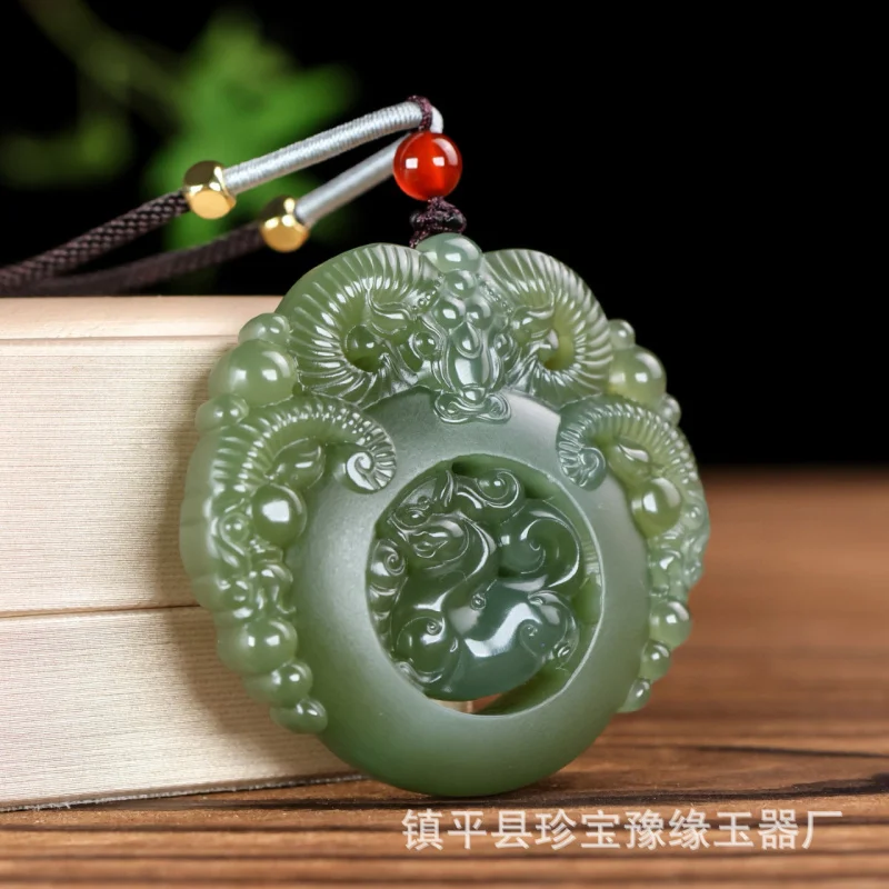 Natural Hetian Jade Three Open Tai Selected Leading Sheep Hollow Round Pendant Men and Women