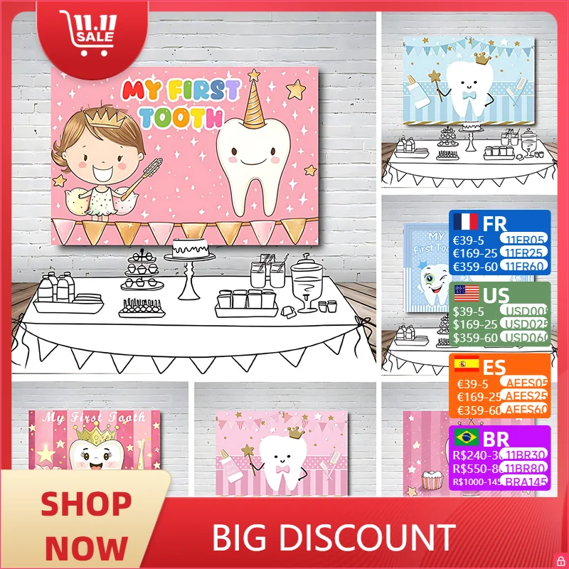 

My First Tooth Theme Background Theme Cute Cartoon Tooth Pink Blue Baby Party Decoration Banner Supplies Photo Shoot Props Gifts