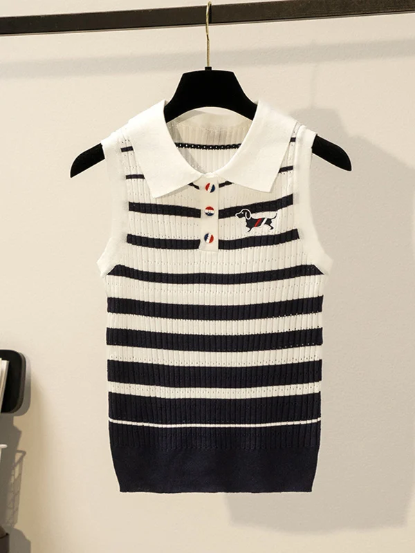 Summer Design Ice Silk Elastic Slim Fit Women's Knitted Vest Striped Embroidered Dog Collar Top Breathable Hole Button Style