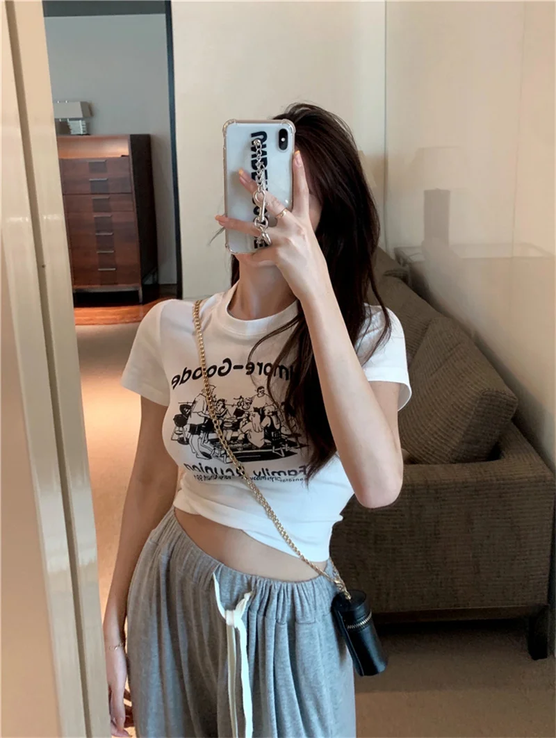 Women's ort Sve ort Print T-irt round Ne Slim Fit Versatile Sexy Belly Button Exposure Korean Sle Commute Trend