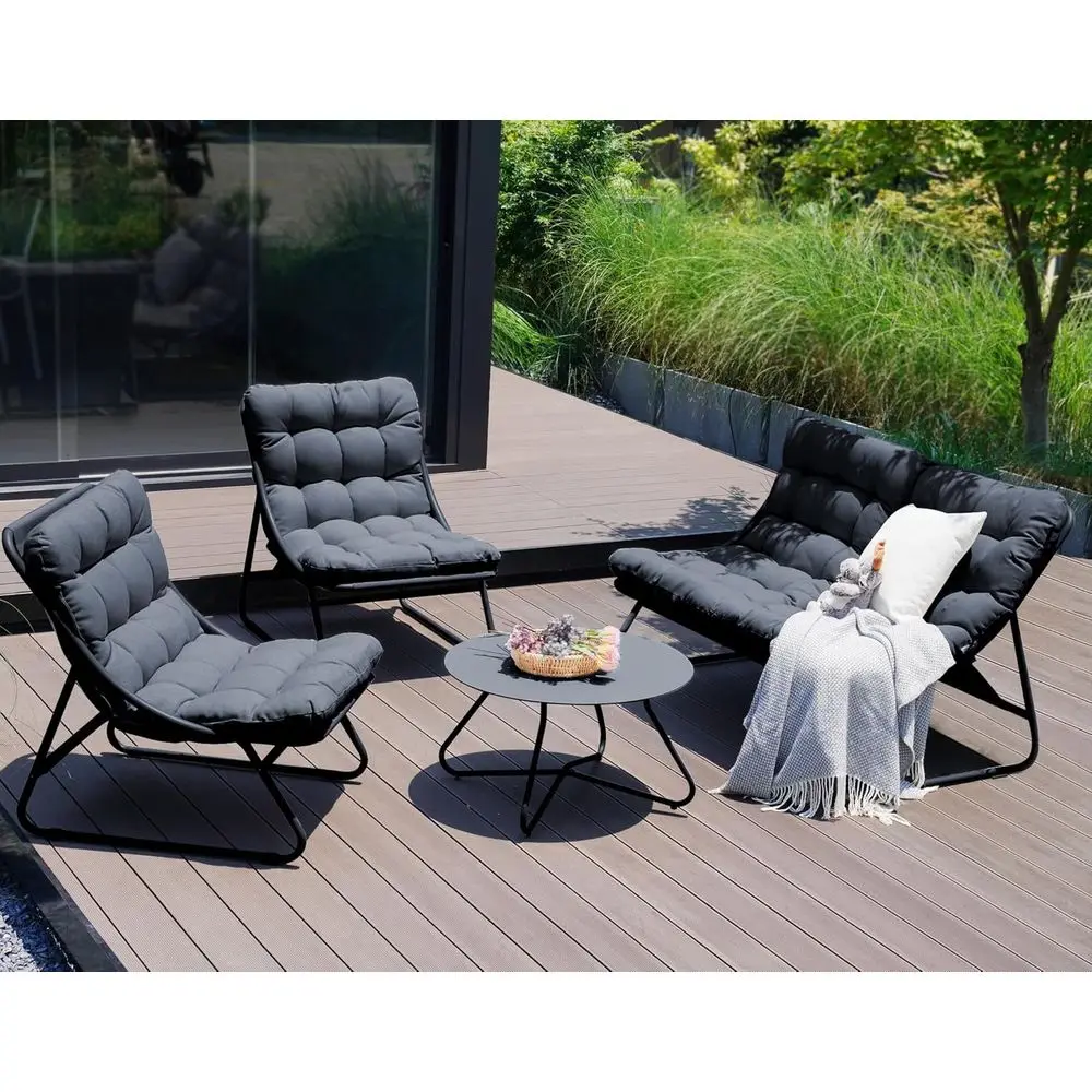 4-Piece E-Coated Outdoor & Indoor Patio Furniture Set with Removable Cushions, Deluxe Seats, Coffee Table, Charcoal Grey