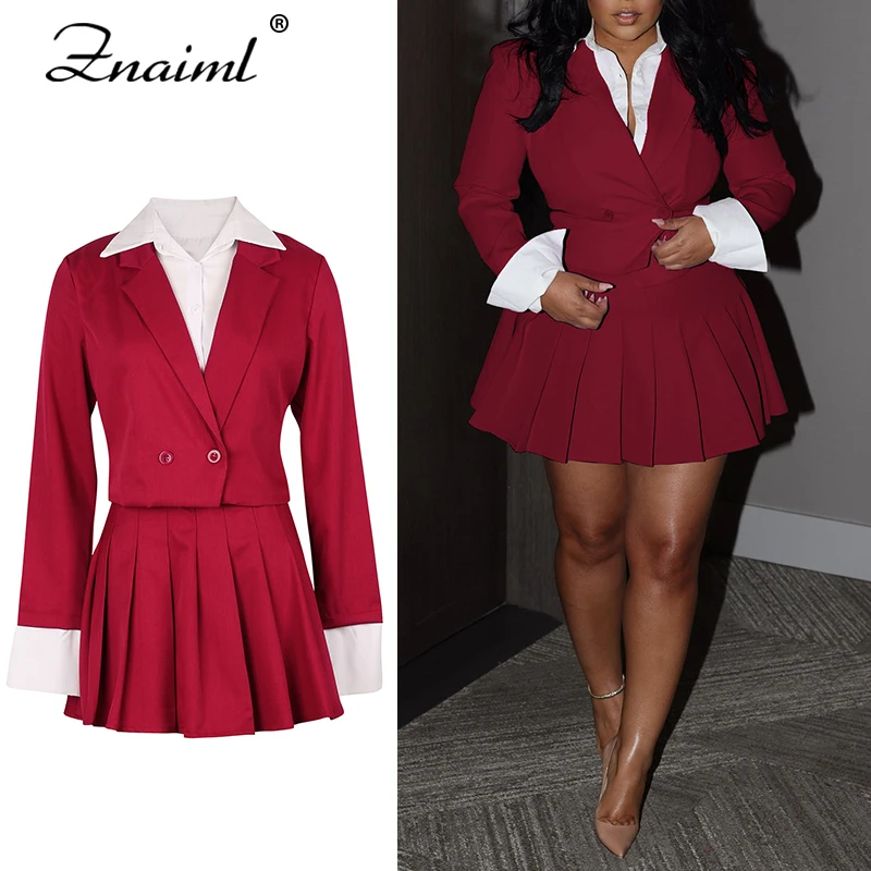 

Spring Fall Blazer Dress Sutis for Women Fashion Pleated Mini Skirts and Long Sleeve Jacket Top 2 Piece Set Female Office Outfit