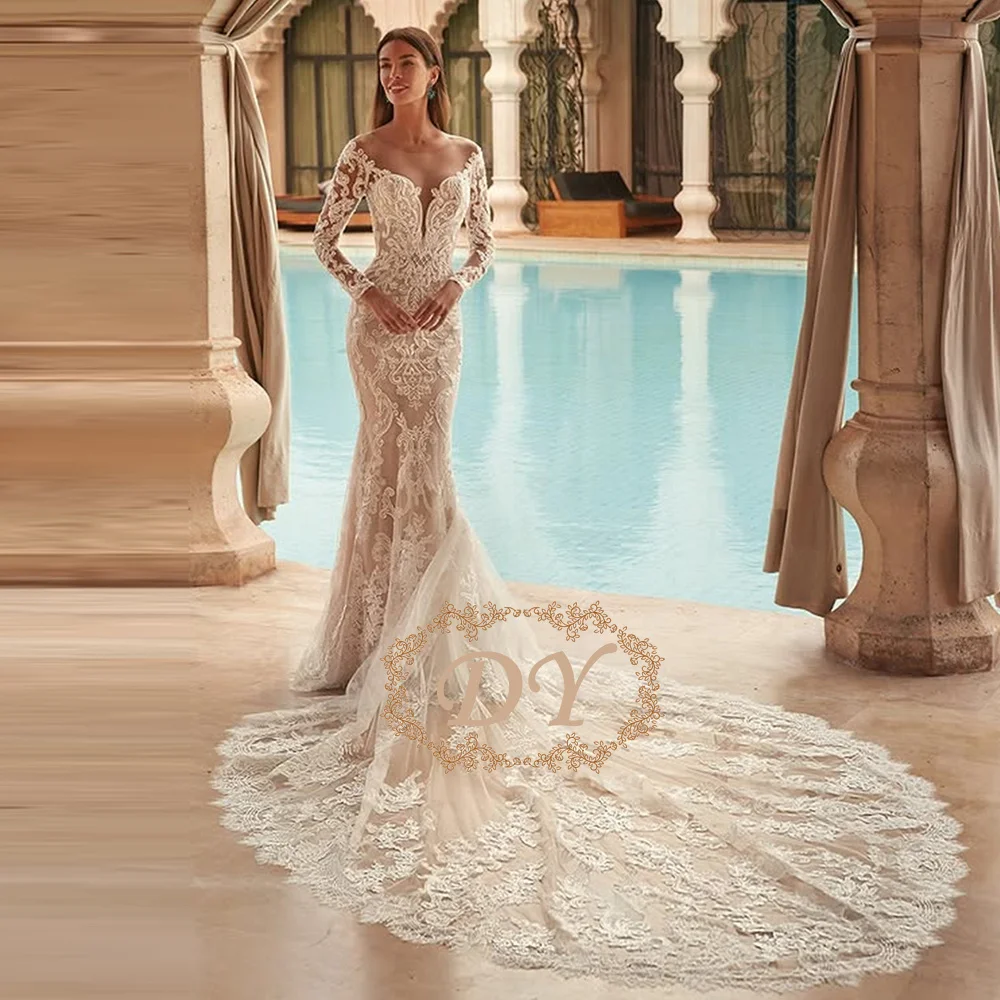 

Свадебное платье DY Custom Vintage с V-образным вырезом, кружевными аппликациями, силуэтом русалка, длинными рукавами и кружевной иллюзией на спине, свадебное платье (vestido de novia) ﻿