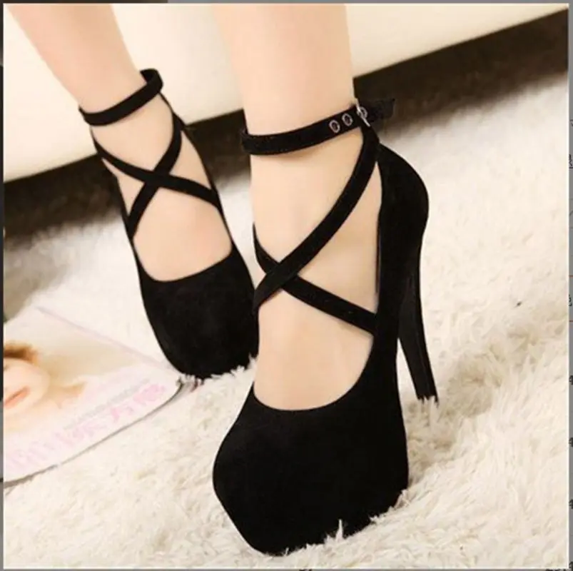 

Shoes Woman Pumps Cross-Tied Ankle Strap Wedding Party Shoes Platform Dress Women Shoes High Heels Suede Ladies Shoes Plus Size