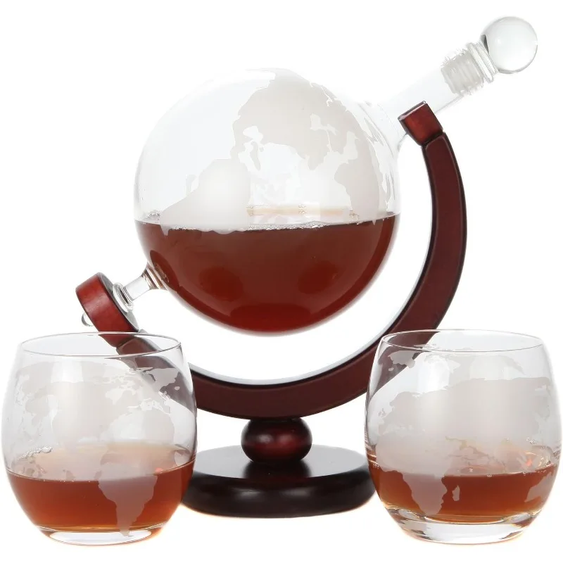 World Globe Whiskey Decanter with Dark Finished Wood Stand, Bar Funnel, and 2 Matching Glasses (850 ml)