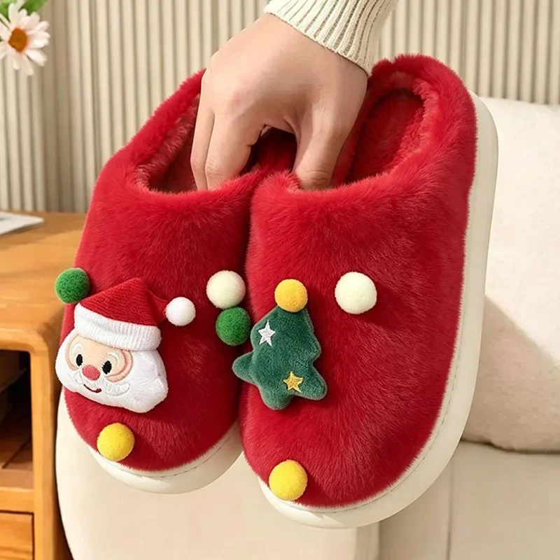 Cute Cartoon Christmas Slippers Women 2026 Winter Fluffy Plush Closed Toe House Shoes Woman Non-slip Thick Sole Indoor Slippers