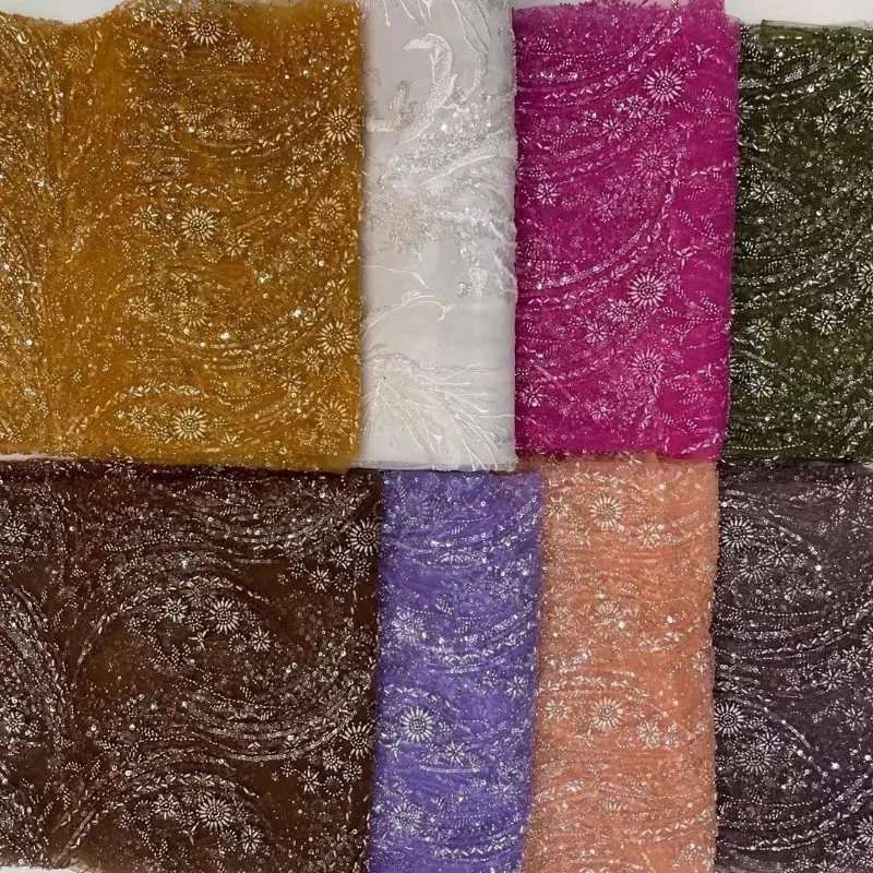 Floral Sequin Seed Bead Embroidered Fabric Lace Trim Cloth for Wedding Gown Dress Evening Gown Fashion DIY Sewing By The Yard