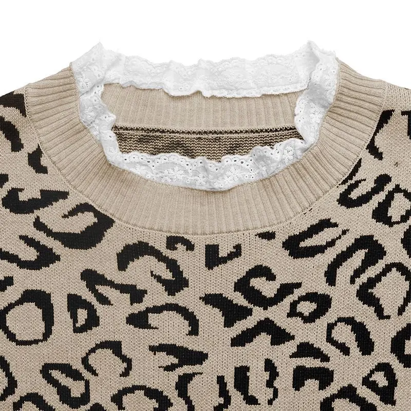 Women Leopard Pullovers Jumpers Knitted Sweaters Spliced Round Neck Long Sleeve Loose Y2k Office Lady Casual Autumn Winter 2025