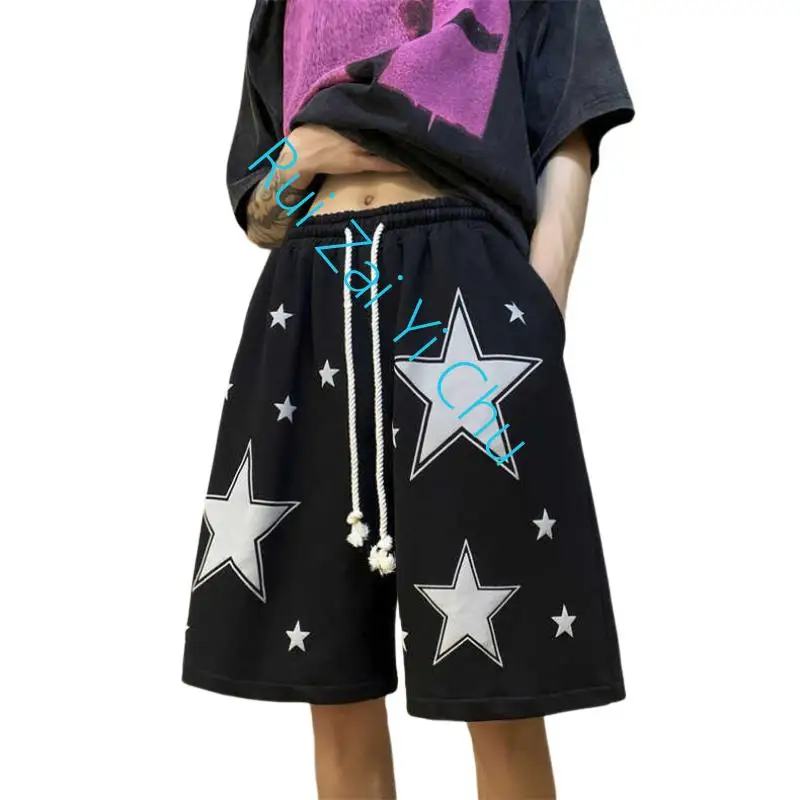 Men and Women Summer Street Trend Hip-Hop Leisure Loose Basketball Pant Summer Cargo Y2K Shorts Vintage Foamed Star Sports Short