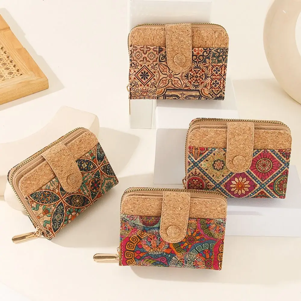 ショートジッパーレトロプリント財布隠しバックルポータブルデザインマルチカードスロット財布カードスロット木目調カードホルダー