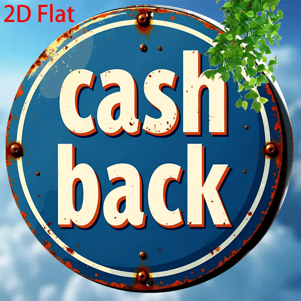 Vintage Cash Back Metallschild 8x8 Zoll – 2D Flaches Retro Rundes Wandkunstwerk, Verwittertes Blau-Rotes Rustikales Dekor für Küche, Bar, Garage, Café